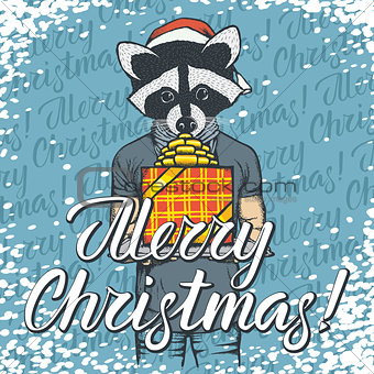 Vector illustration of raccoon on Christmas with gift