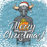 Vector illustration of bull on Christmas with gift