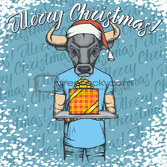 Vector illustration of bull on Christmas with gift