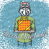 Vector illustration of dog on Christmas with gift