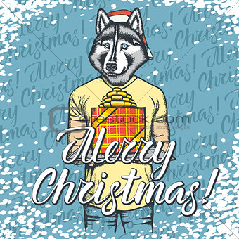 Vector illustration of dog on Christmas with gift