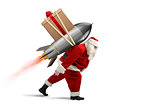 Fast delivery of Christmas gifts. Santa Claus ready to fly with a rocket