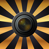 Camera lens with lenses on black and yellow background
