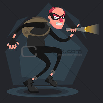 A balding thief wearing a mask smiles and sneaks with a flashlight in the dark