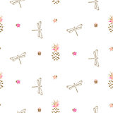 Gold outline dragonfly and pineapple seamless pattern.