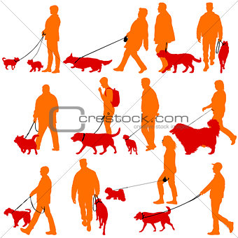 Set silhouette of people and dog on a white background