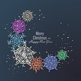 Christmas card decorated with shiny snowflakes. Happy New Year greeting card, vector illustration