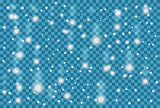 Snowfall on transparent clear blue background. Falling big snowflakes