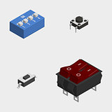 Set of different electrical buttons and switches in 3d, vector illustration.