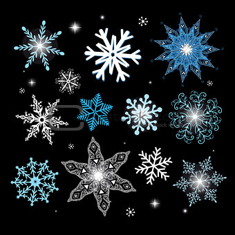 New Year vector set of different snowflakes 