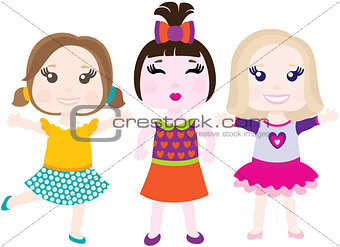 Vector illustration of three little smiling girls