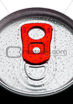 Aluminium soda drink tin top view with dew drops