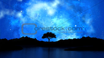 3D tree silhouetted against a starry night sky