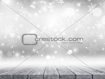 3D wooden table on Christmas snowflakes and stars background