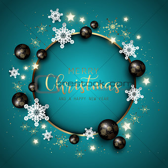 Christmas and New Year background with snowflakes, baubles and d