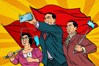 Chinese businessmen with smartphones and flags, poster socialist