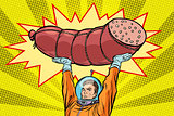 Astronaut and cooked sausage, meat products