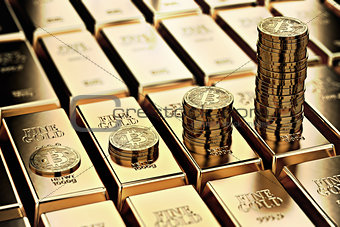 Bitcoin piles on rows of gold bars (gold ingots)