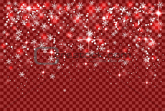 Christmas holiday snowfall and sparkle snowflakes on red transparent background