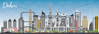 Dubai UAE Skyline with Gray Buildings and Blue Sky.