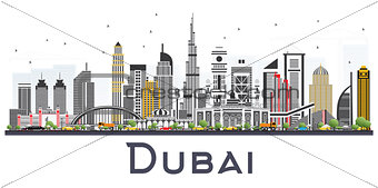 Dubai UAE Skyline with Gray Buildings Isolated on White Backgrou
