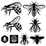set of vector monochrome templates with bees of different kinds