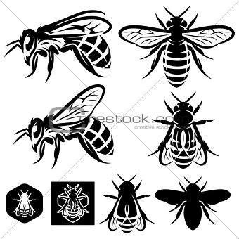 set of vector monochrome templates with bees of different kinds