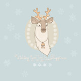 Vector Christmas greeting card with cute deer and snowflakes.