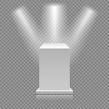 White empty podium isolated on transparent background. Museum pedestal with spotlights. 3d Vector illustration