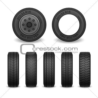 Realistic vector tires set. Car tires with different tread marks. Vector wheel icons