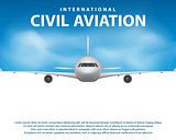 Banner, poster, flyer with Airplane background. Plane in blue sky, civil aviation airliner. Commercial airliner travel concept design. Vector illustration
