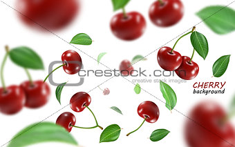 Flying red cherry background. Realistic quality vector.