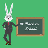 Rabbit teacher showing with hand at blackboard. Back to school concept