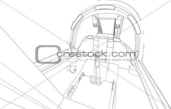 The cockpit of combat aircraft from the inside. Vector illustration in lines.