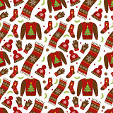 Winter apparel seamless pattern. Christmas clothes repeating texture. Warm clothing Infinite background. Sweater, gloves, hat, socks. Vector illustration.