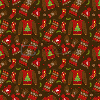 Winter apparel seamless pattern. Christmas clothes repeating texture. Warm clothing Infinite background. Sweater, gloves, hat, socks. Vector illustration.