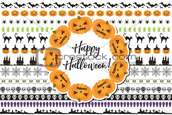 Halloween set of holiday borders decorations. Collection border of elements for your design. Isolated on white background. Vector illustration.