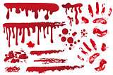 Set realistic bloody streaks. Handprint in the blood. Red splashes, spray, stains. Drops, drippings of bloodstains Isolated on white background. Halloween Concept. Vector illustration.
