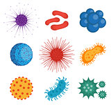 Viruses and bacteria set of icons, flat style. Parasites infection collection design elements, isolated on white background. Medicine, diseases concept. Vector illustration.