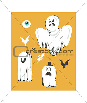 Hand drawn vector abstract cartoon Happy Halloween illustrations collection set with different funny ghosts decoration elements isolated on orange background.