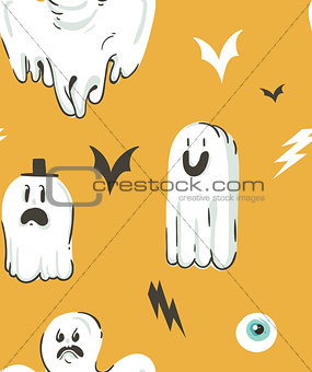 Hand drawn vector abstract cartoon Happy Halloween illustrations collection seamless pattern with different funny ghosts decoration elements isolated on orange background.