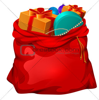 Red open santa bag with gifts. Christmas accessory