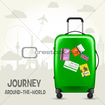 Suitcase with travel tags and european landmarks - tourism poste
