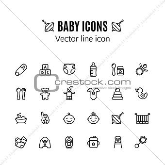 Baby care thin line icon set. Outline stroke feeding, game, bathing pictograms. Pin, car seat, highchair, baby monitor, baby food and other baby accessories