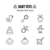 Baby toys thin line icon. Outline symbol kid plaything for games to design for the design of children's website, clinic and mobile applications. Simple baby vector sign on white background. Robot, teddy bear, rattle, yule and others kid pictograms