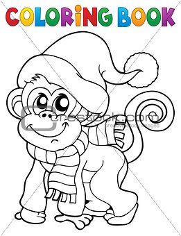 Coloring book monkey in winter clothes