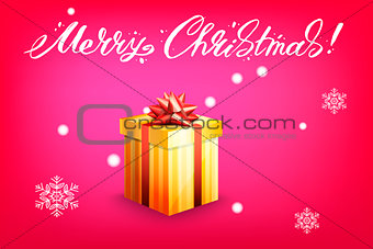 Card with gift box and letting Merry Christmas. Bright red background and snowflakes. Vector illustration