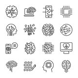 Simple set of artificial intelligence related line icons contains such icons as droid, eye, chip, brain. Editable Stroke.