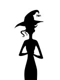 Black silhouette of slim witch with curly hair wearing hat with