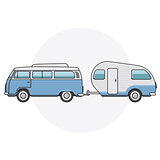 Retro van with camper trailer - vintage minibus side view